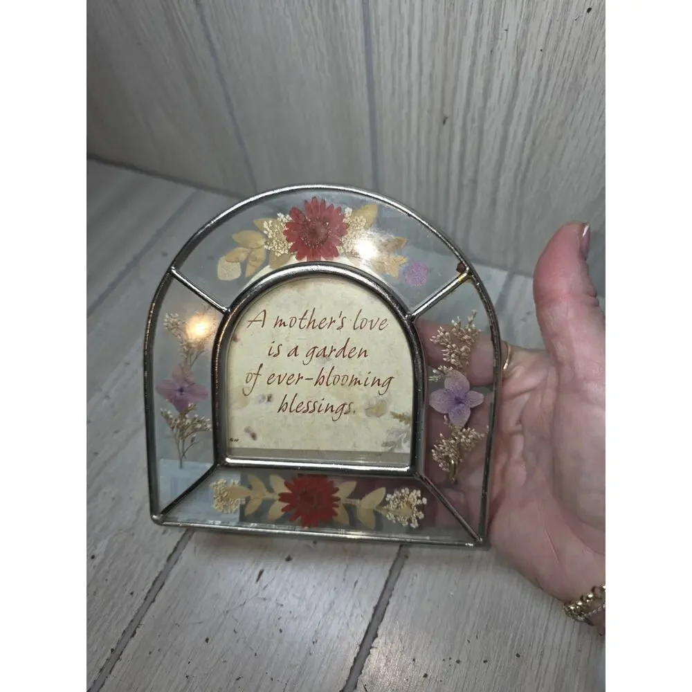 Vintage Pressed Flower Leaded Glass A Mothers Love Picture 5.5x5.5 Heritage Boho